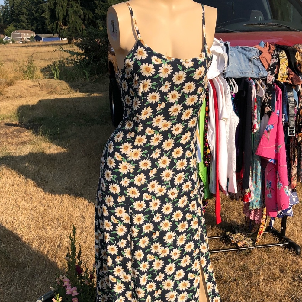 Long Daisy 90’s Dress, High Slit Spaghetti Strap